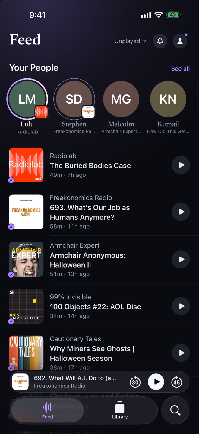 Starcast's Feed: the people you follow along the top, shown as initials, then their new episodes